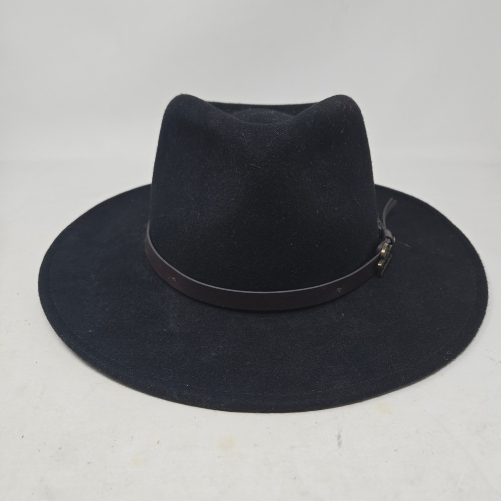 RedHead Brand Co Black 100% Wool Wide Brim Fedora Hat Medium Brass Logo Band